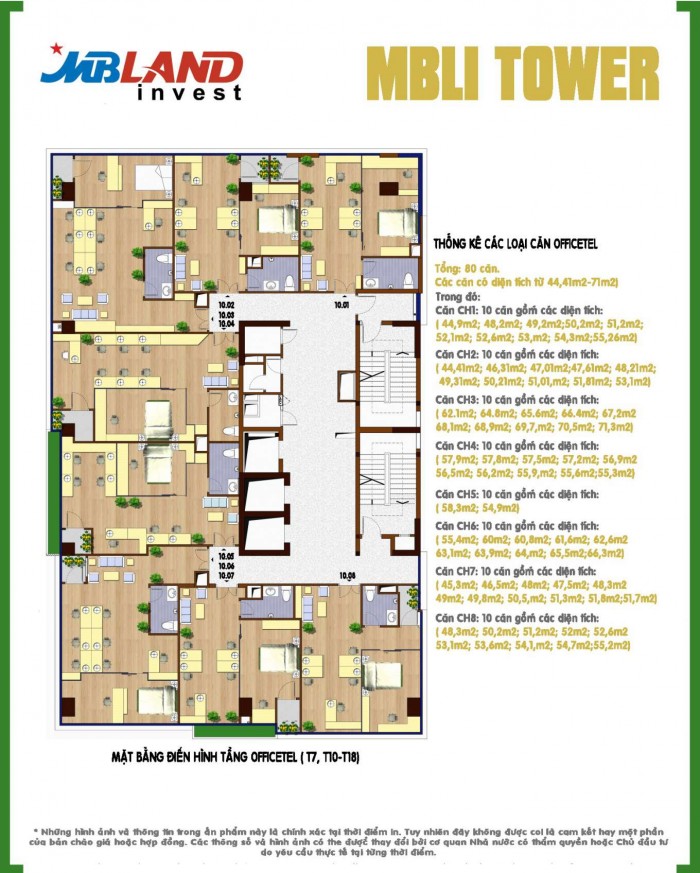 Mặt bằng tầng officetel điển hình MBLI Tower, năm 2019.